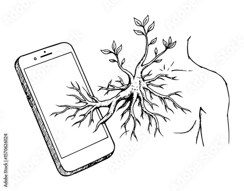 smartphone roots growing into human body vector sketch illustration