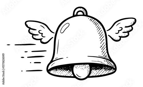 flying notification bell with wings vector sketch illustration