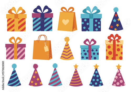 A vibrant collection of flat design vector illustrations featuring colorful gift boxes, shopping bags, and festive party hats for celebrations.