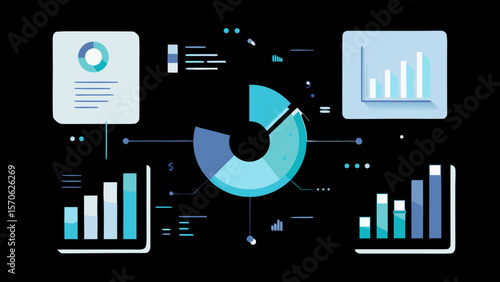 Illustration of data analytics charts and graphs on a black background
