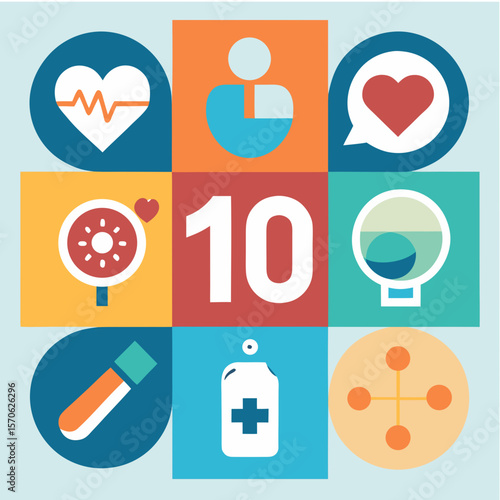 Colorful medical icons arranged in a square grid with number ten center
