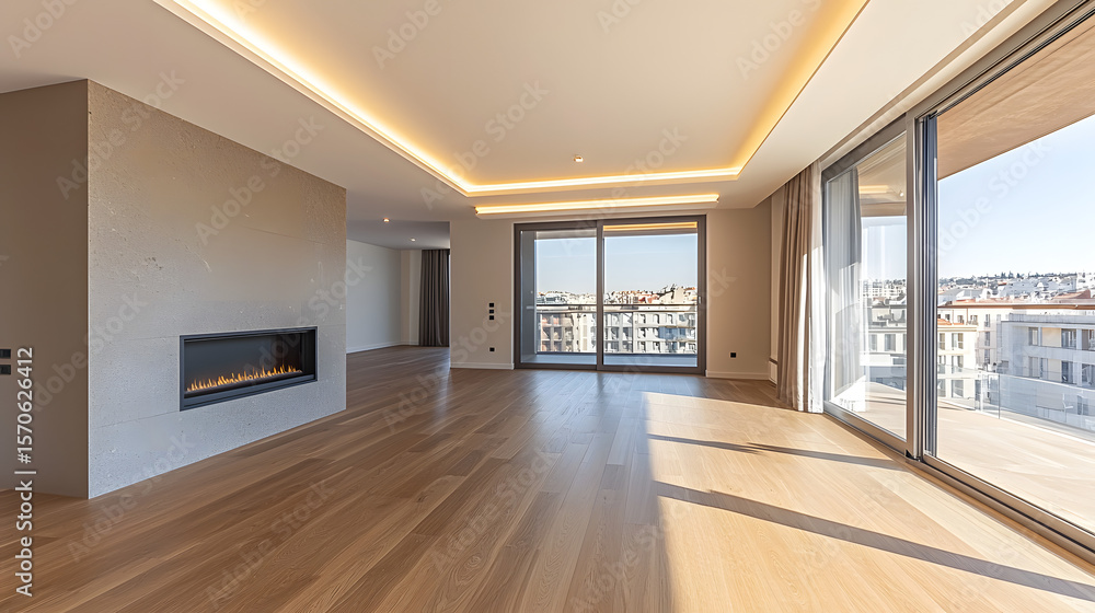Fototapeta premium Beautiful living room interior with hardwood floors and fireplace in new luxury home. Large bank of windows