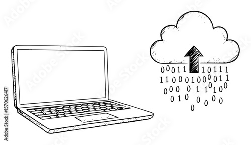 laptop uploading binary data to the cloud vector sketch