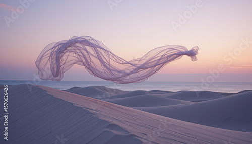 Surreal sunset desert landscape with flowing translucent fabric floating over sand dunes and ocean horizon in soft pastel colors, dreamlike atmosphere and minimal natural beauty
