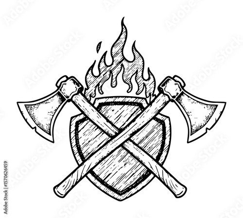 firefighter emblem with crossed axes shield and fire sketch