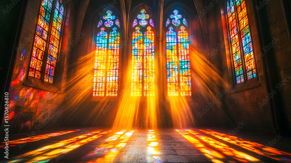 Obraz premium beautiful vibrant stained glass window of the cathedral with piercing rays of bright sunlight shining in the aisle, church, catholic