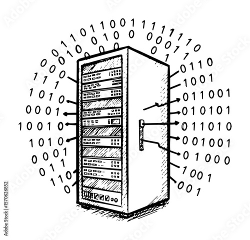 data server tower with binary code vector sketch illustration