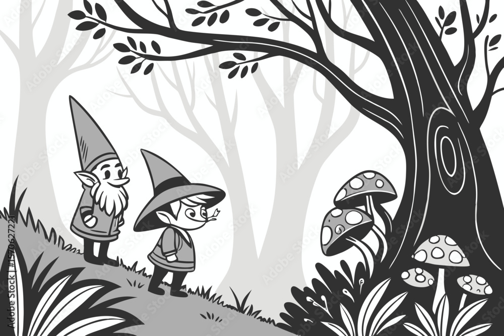 Fototapeta premium scandinavian folklore gnomes,magical scandinavian creature,illustration style,black and white,highly detailed,pen and ink,fantasy art