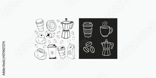 Print   Hand drawn coffee chalk vector illustrations. Minimalist line art. Vector illustration of coffee icons crayon drawing style