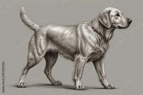 Illustration of a golden retriever standing in profile with detailed fur texture and collar detail shown created with generated ai