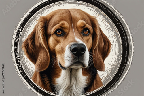 Close up portrait of a brown and white beagle dog with a black nose inside a decorative circle created with generated ai