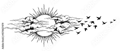sun breaking through clouds with birds vector illustration