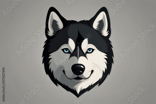 Illustration of a husky dog head with black and white fur and piercing blue eyes on a gray background created with generated ai