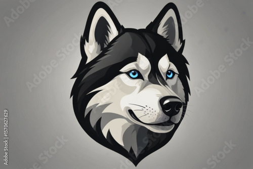 Illustration of a husky dog head with black and white fur and striking blue eyes on a gray background created with generated ai