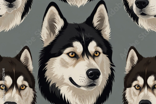 A seamless pattern featuring multiple husky dog faces with black and white fur on a grey background created with generated ai