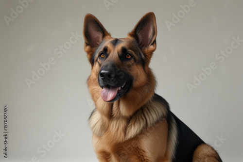 Portrait of a german shepherd dog with its tongue out looking up on a plain background in studio shot created with generated ai