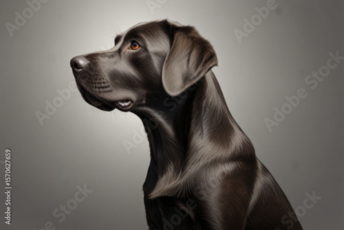 Side profile view of a sleek black labrador retriever with a focused gaze on a gray gradient backdrop created with generated ai