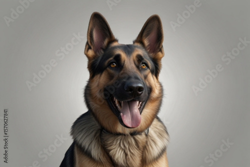 Close up portrait of a german shepherd with its tongue out and ears up on a plain light background created with generated ai