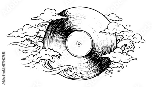 vinyl record with ocean waves and clouds music concept sketch