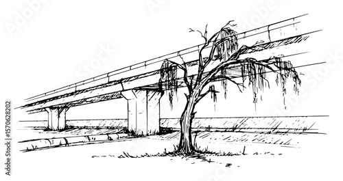 overpass with dying tree urban decay vector sketch illustration