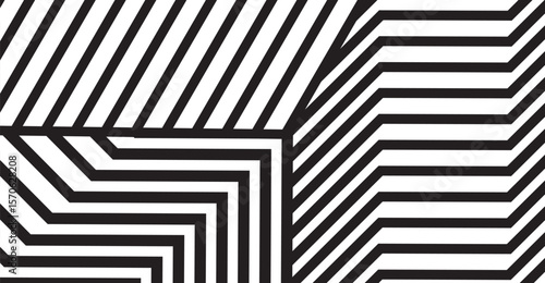 This striking graphic presents a high-contrast black and white optical illusion with parallel lines, right angles, and geometric patterns, creating a visually compelling aesthetic that draws the eye