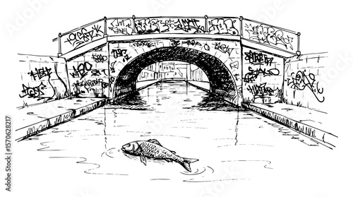 graffiti covered bridge over polluted canal vector sketch illustration