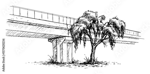 elevated highway with tree underneath vector sketch illustration