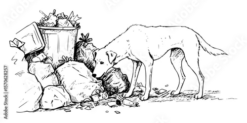 stray dog searching garbage bags vector sketch illustration