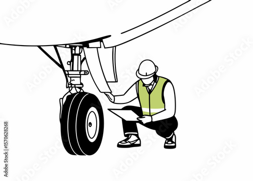 Aircraft technician inspecting landing gear with clipboard focused on aviation maintenance operations