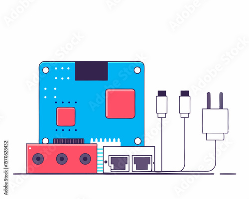 Flat design illustration of a circuit board and cables suitable for technology and electronic designs