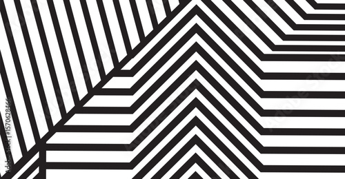 Striking black and white graphic features sharp, angular lines forming geometric patterns, creating a dynamic optical illusion with a bold zigzag arrangement against a clean background