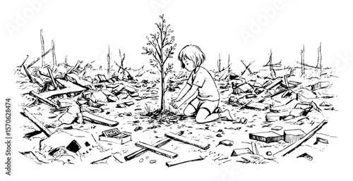hope after war child planting tree in ruins sketch