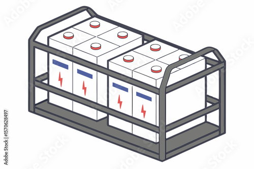 Isometric illustration of battery rack displaying power storage for energy or electricity on a white background