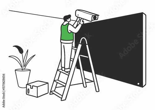 Technician installing a security camera on a wall concept depicting modern surveillance technology