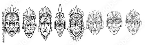row of tribal masks line art