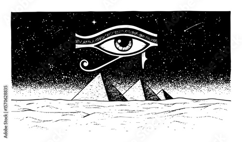 eye of horus over pyramids night sky vector sketch illustration