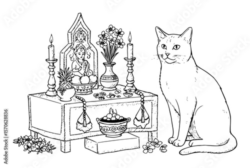 home ganesha altar with candles and cat vector sketch illustration