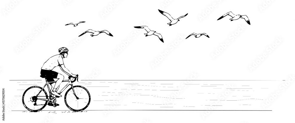 Obraz premium cyclist riding bicycle on the sea coast sketch