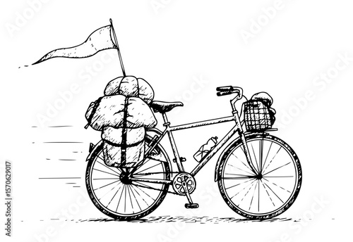touring bicycle loaded with luggage for travel adventure sketch