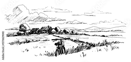 bicycle in rural countryside landscape sketch