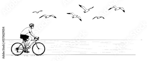 cyclist riding bicycle on the sea coast sketch