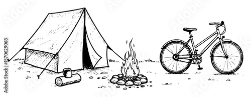 bicycle camping scene with tent and campfire sketch