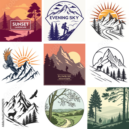 Collection of Nine Different Illustrated Mountain and Nature Landscape Designs for Logos