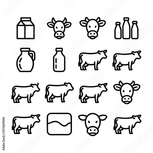 Collection of Black and White Line Art Icons Depicting Cows Milk Bottles and Jugs a Set of Simple Dairy Farm Related Symbols for Branding or Design Projects