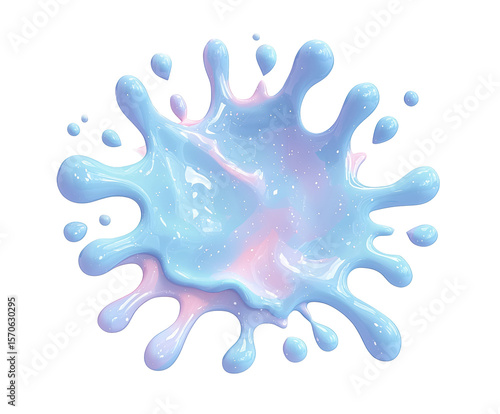 Glossy light blue splash with radial arms and smooth reflective surface on white background, resembling milk or paint droplet. Concept of freshness, simplicity and playful motion