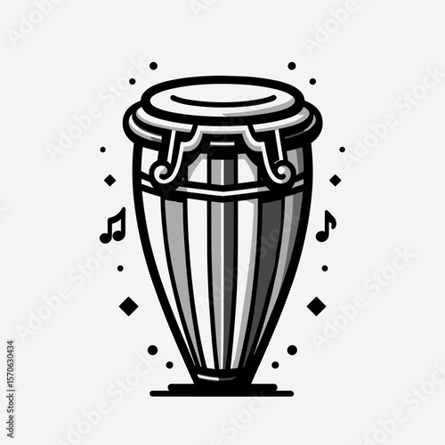 Drum in outline style with musical notes and decorative elements  