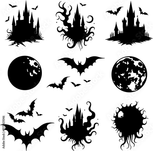  Haunted Castle and Bat Silhouettes for Halloween vector bundle