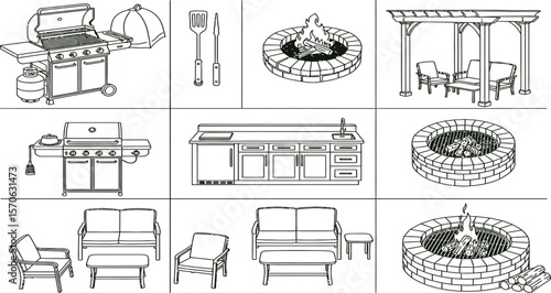 Backyard Barbecue Essentials: Collection of line art elements, featuring barbecue grills, fire pits, seating, and cooking utensils, perfect for illustrating outdoor living and culinary themes.