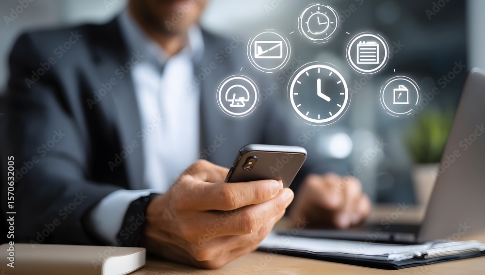 A businessman using a smartphone with digital icons representing time management, productivity, and mobile business tools A businessman using a smartphone with digital icons representing time management, productivity, and mobile business tools