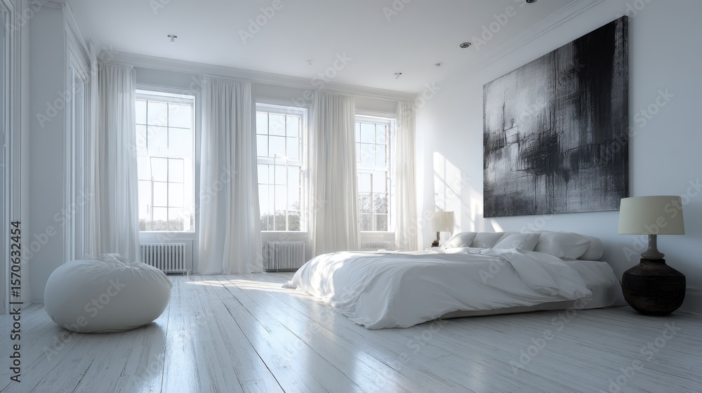 Fototapeta premium Minimalist bedroom with monochrome artwork leaning against a white wall